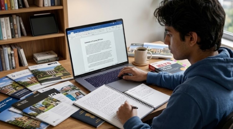 Student writing statement of purpose for study abroad university application